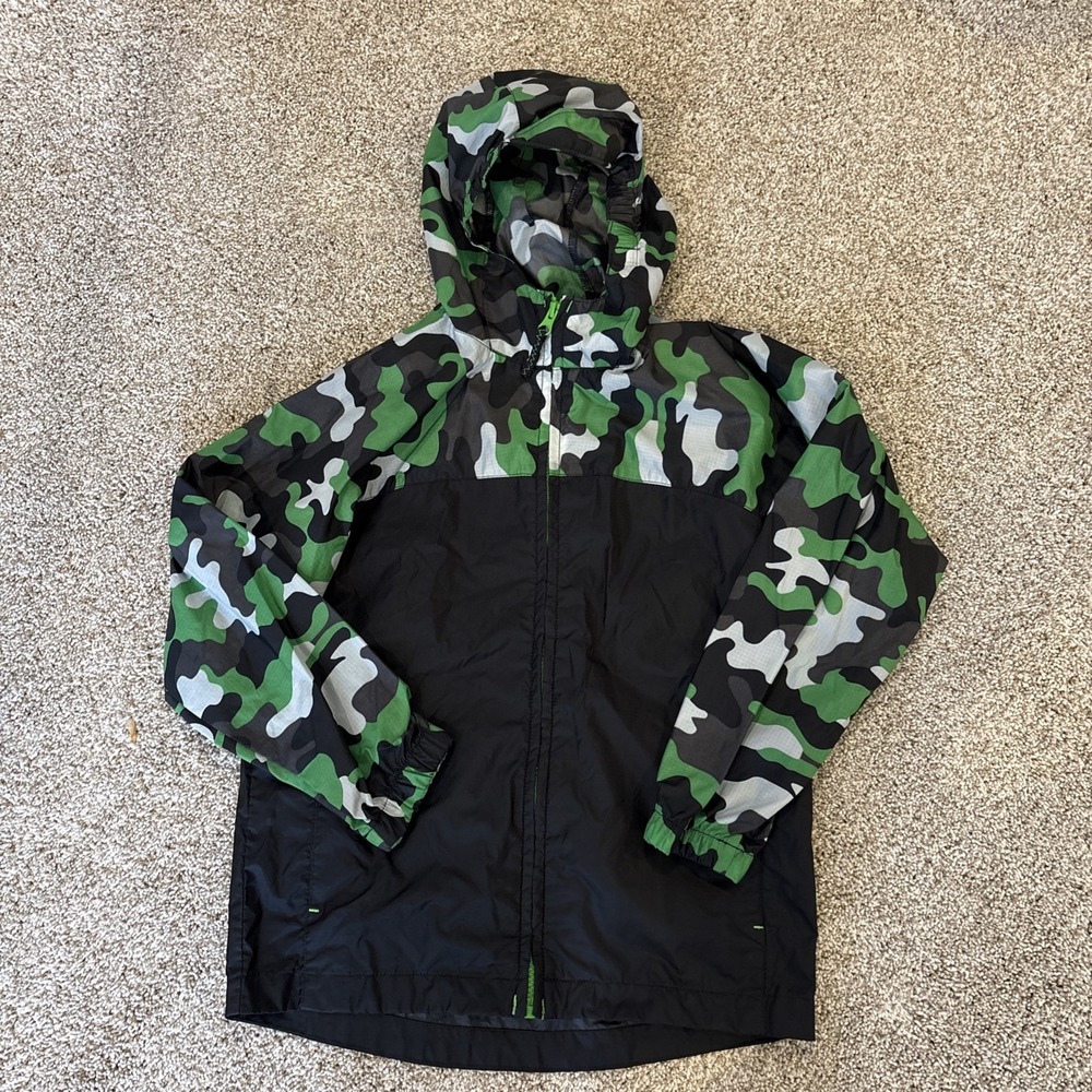 Lands' End Youth S (8) Hooded Zip-up Windbreaker Green‎ Black Camo